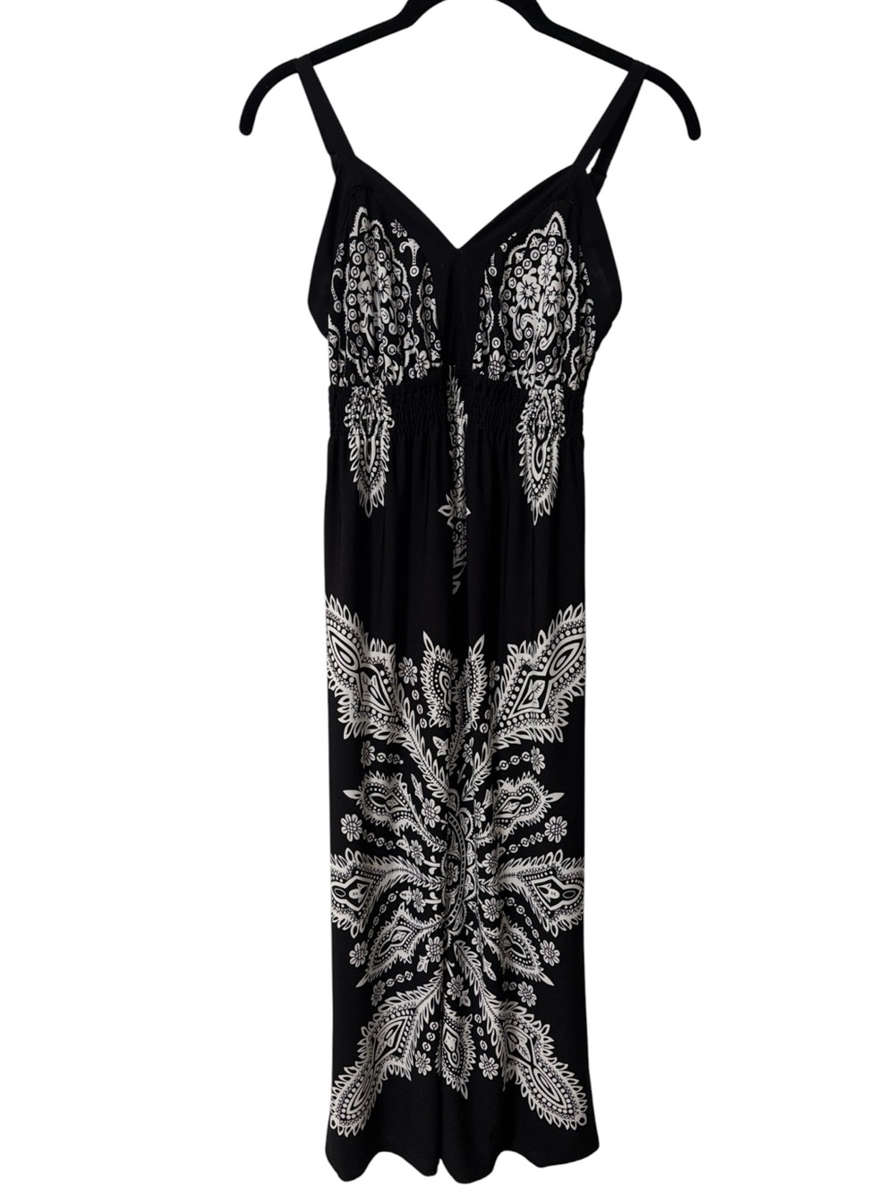 Point Zero (S) Black Midi Dress White Paisley Print White Smocking Sundress - Picture 2 of 14